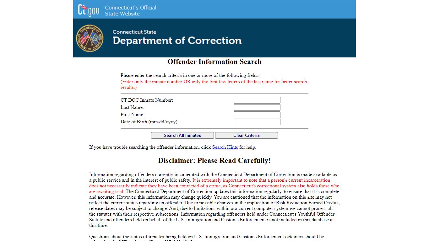 Department of Correction Inmate Information Search